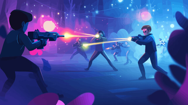 Digital sci-fi battle with multiple characters firing laser guns