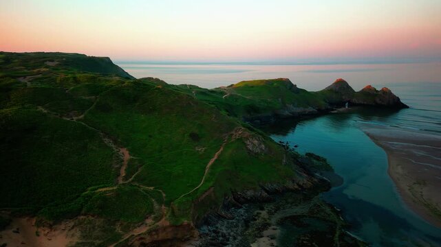 view of the Three Cliffs Bay in Wales - drone flight