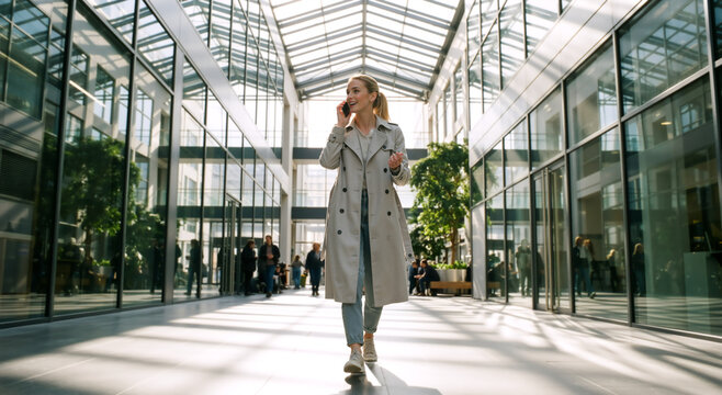 Young woman in trench coat walking through modern office building atrium. Business professional talking on smartphone