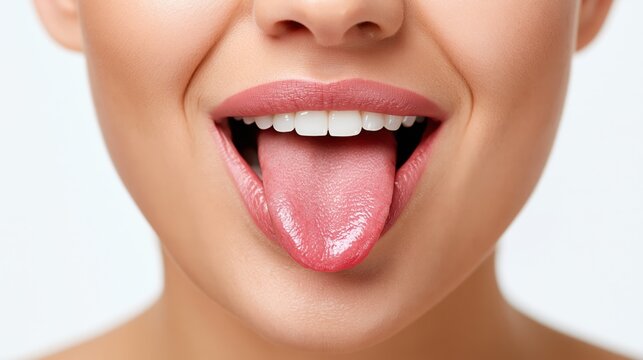 Close-up of a woman's mouth with pink lipstick and tongue sticking out