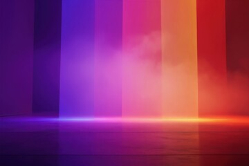 Fototapeta premium Empty room with vertical colorful light panels in purple pink orange and red gradient. Reflective floor shows light beams and thin smoke. Futuristic abstract background with geometric shapes.
