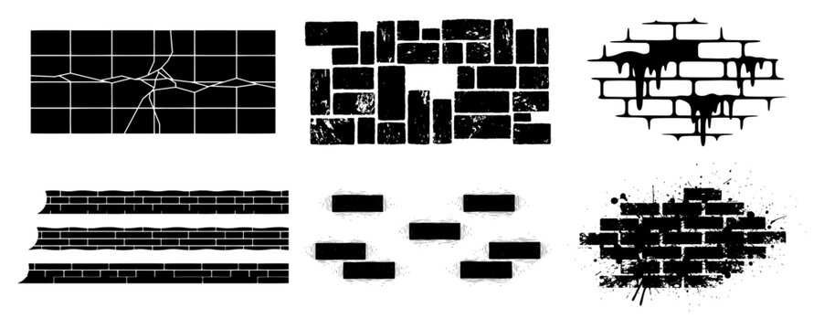 Brick wall textures and grunge masonry patterns in silhouette style