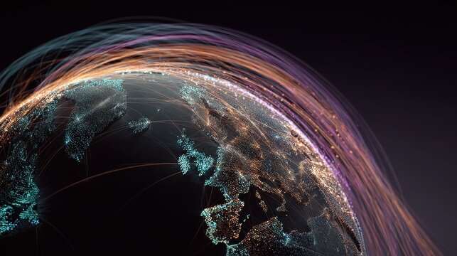 A stylized glowing globe surrounded by rotating binary streams and connection nodes, side view, showing the interplay of global data exchange, cybernetic tone, colored pastel. 