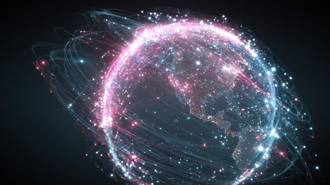 A stylized glowing globe surrounded by rotating binary streams and connection nodes, side view, showing the interplay of global data exchange, cybernetic tone, colored pastel. 