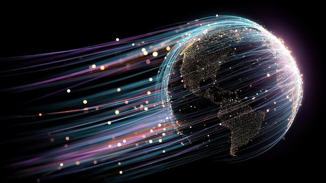 A stylized glowing globe surrounded by rotating binary streams and connection nodes, side view, showing the interplay of global data exchange, cybernetic tone, colored pastel. 