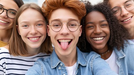 Fototapeta premium Diverse group of young friends taking a fun selfie together, smiling and laughing