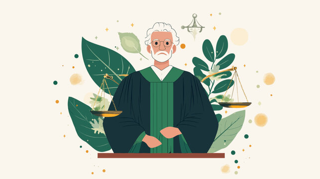 Illustration of a judge in robes with plants and scales background