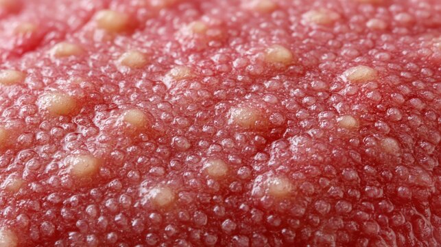 Extreme close-up of the human tongue surface showing papillae and taste buds