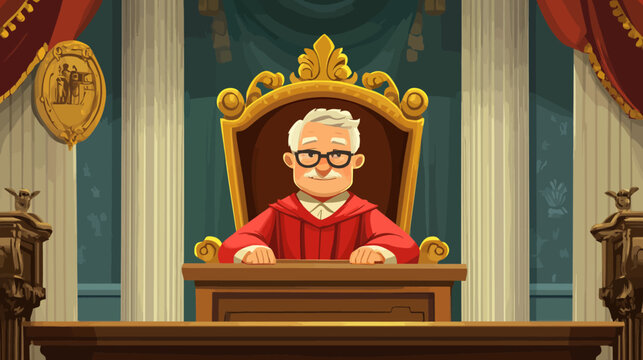 Cartoon judge with glasses and gray hair sitting on a throne