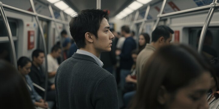 A man in a gray cardigan stands on a crowded subway car, surrounded by passengers and fluorescent lighting.
