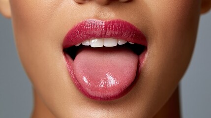 Naklejka premium Close-up of a woman's mouth with berry-toned lips and tongue sticking out