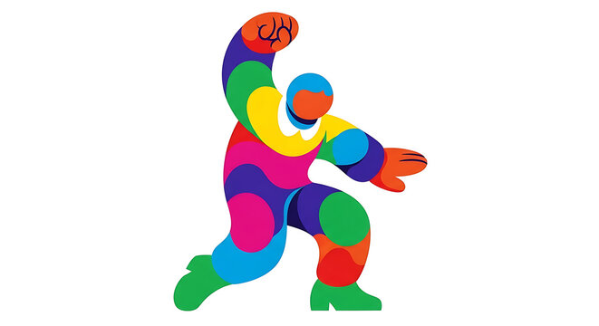 Colorful abstract of a dancing figure with multicolored geometric shapes