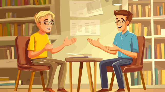 Two men having a friendly conversation in a library setting