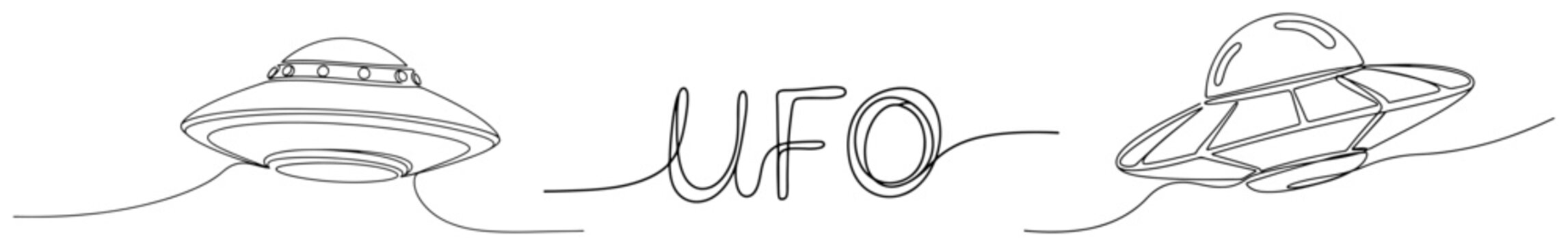 UFO flying saucers with handwriting word in continuous line art style