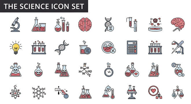 Collection of 36 flat science and technology on white background, including chemistry, physics, biology, astronomy, and engineering symbols