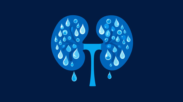 Digital illustration of human kidneys with stylized water droplets symbolizing hydration and health