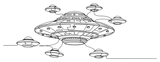 Mothership UFO connected to smaller flying saucers flying together in continuous line art style © Katarzyna