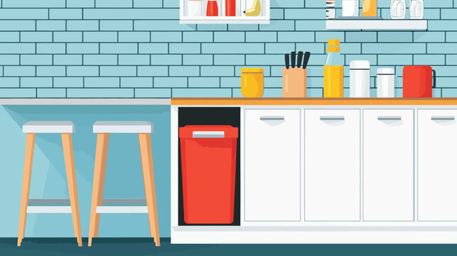 Modern kitchen with bar stools, brick wall, various containers