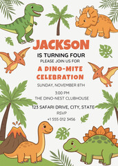 Dinosaur Birthday Invitation Template, Cute Dino Party Invite, Kids Birthday Invitation, Triceratops T-Rex Stegosaurus Volcano Palm Leaves Design, Boy Birthday Party Stationery © Ksenia
