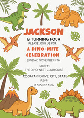 Dinosaur Birthday Invitation Template, Cute Dino Party Invite, Kids Birthday Invitation, Triceratops T-Rex Stegosaurus Volcano Palm Leaves Design, Boy Birthday Party Stationery © Ksenia