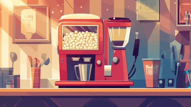 Cozy coffee shop scene with a red popcorn machine and beverage station