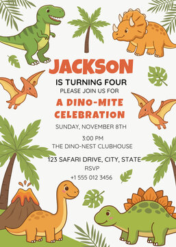 Dinosaur Birthday Invitation Template, Cute Dino Party Invite, Kids Birthday Invitation, Triceratops T-Rex Stegosaurus Volcano Palm Leaves Design, Boy Birthday Party Stationery