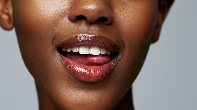 Close-up of a dark-skinned woman's glossy lips and tongue with perfect white teeth