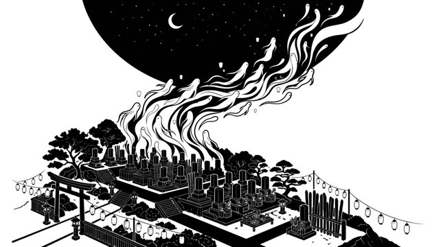 Black and white illustration factory burning.