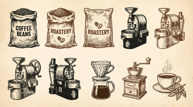 A collection of vintagestyle illustrations featuring coffee beans sacks roasters a dripper a grinder and a cup