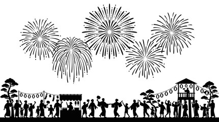 Fireworks Display Over Silhouette Crowd Celebrating. © AlyaNaja