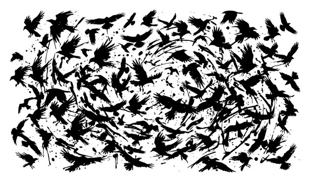 Ravens flying in a large flock with messy ink splatters and dark grunge artistic style