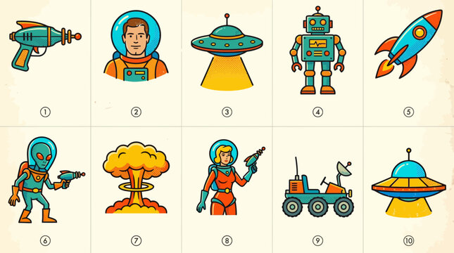 A grid of ten retrostyle illustrations featuring spacethemed characters vehicles and objects on an offwhite background