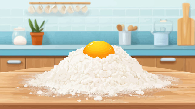 Egg yolk on top of a mountain of flour on a kitchen table