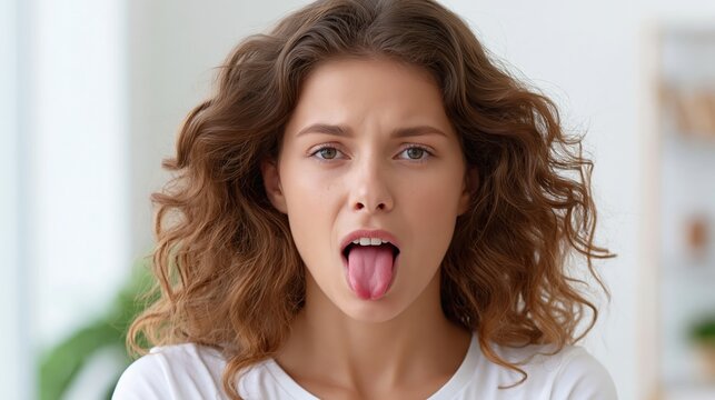 Young woman makes a sour face and sticks out her tongue after tasting something unpleasant