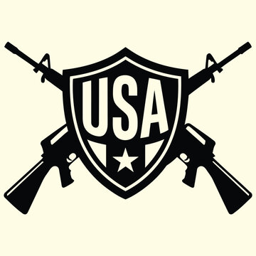 Military style USA shield emblem with crossed assault rifles, patriotic American tactical gun logo vector, black and white weapon crest design
