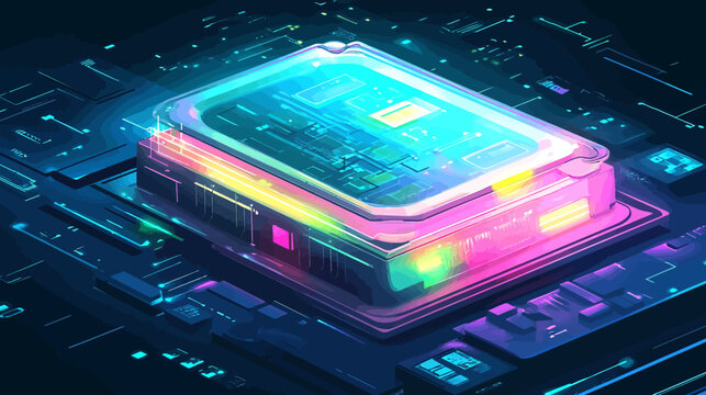 Vibrant digital illustration of a glowing integrated circuit with lights