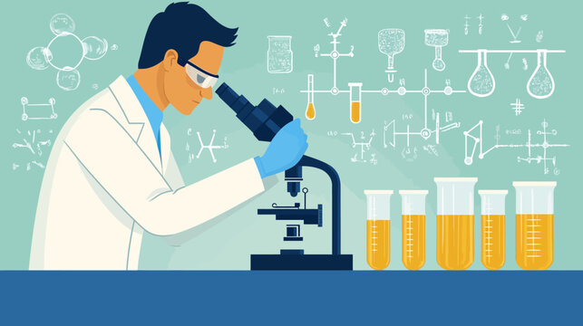 Scientist examining samples through microscope in lab with chemical sketches