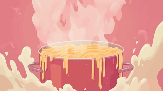 Steaming pot of spaghetti with bubbling, saucy, cream-colored background