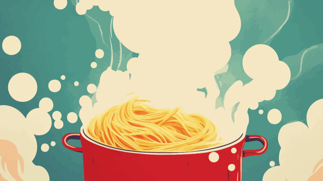 Illustration of steaming spaghetti pasta boiling in a red pot with steam
