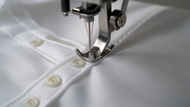 Industrial Sewing Machine Needle Stitching Button Placket On Crisp White Cotton Shirt