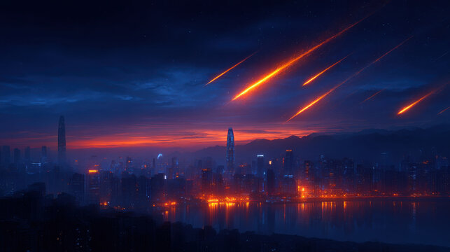 Meteor shower over city skyline at dusk, fiery streaks above dark urban landscape and glowing waterfront with dramatic twilight sky
