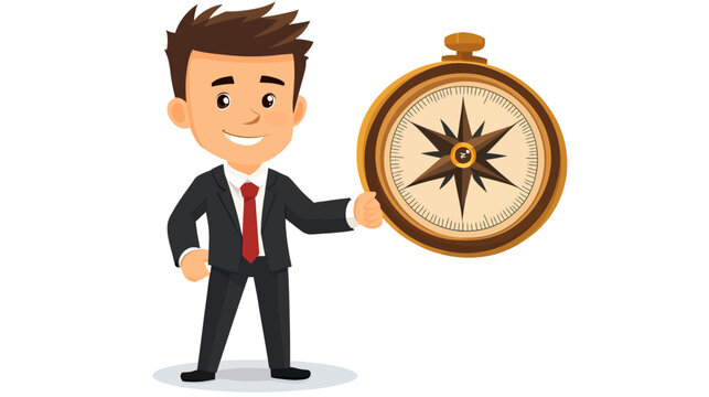 Cartoon businessman in suit holding large vintage compass with smile