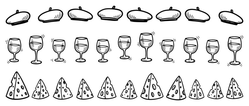 French culture icons with berets wine glasses and cheese wedges in hand drawn doodle style