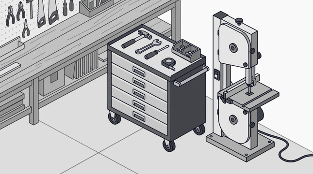 Workshop Interior with Tools and Band Saw
