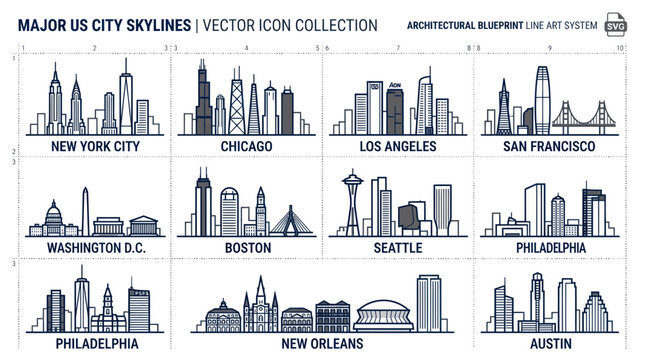 Major US City Skylines Vector Icon Collection: Architectural Blueprint Line Art