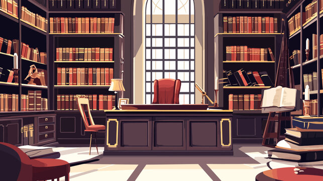 Elegant vintage library room with large window, study desk, shelves