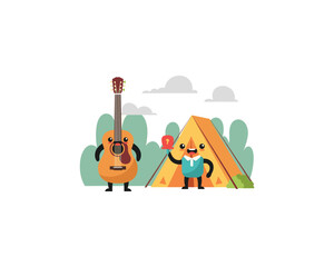 Fototapeta premium Characters Playing Guitar and Celebrating Near Tent in Nature Illustration
