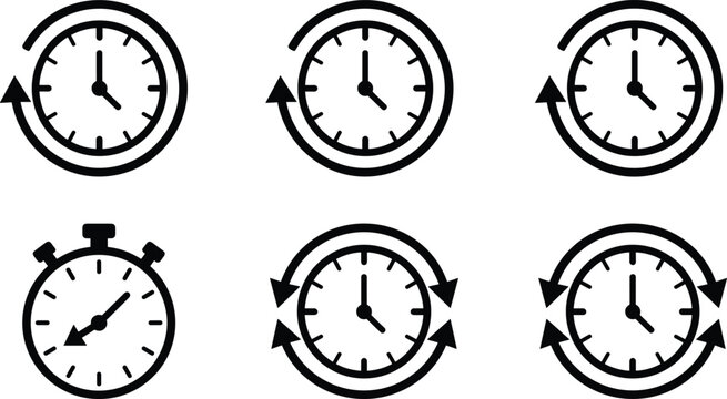 Minimalist Time Management and Stopwatch Icon Set with Counter Clockwise Rotation Arrows for History, Countdown, Backups, and Website Workflow Automation Layout Designs