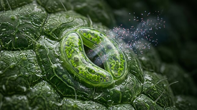 Extreme close up of plant stomata releasing water vapor through transpiration