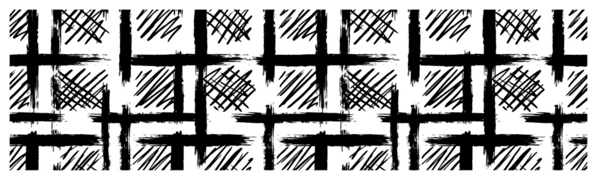 Seamless abstract border pattern with painted cross hatch squares in rustic grunge style